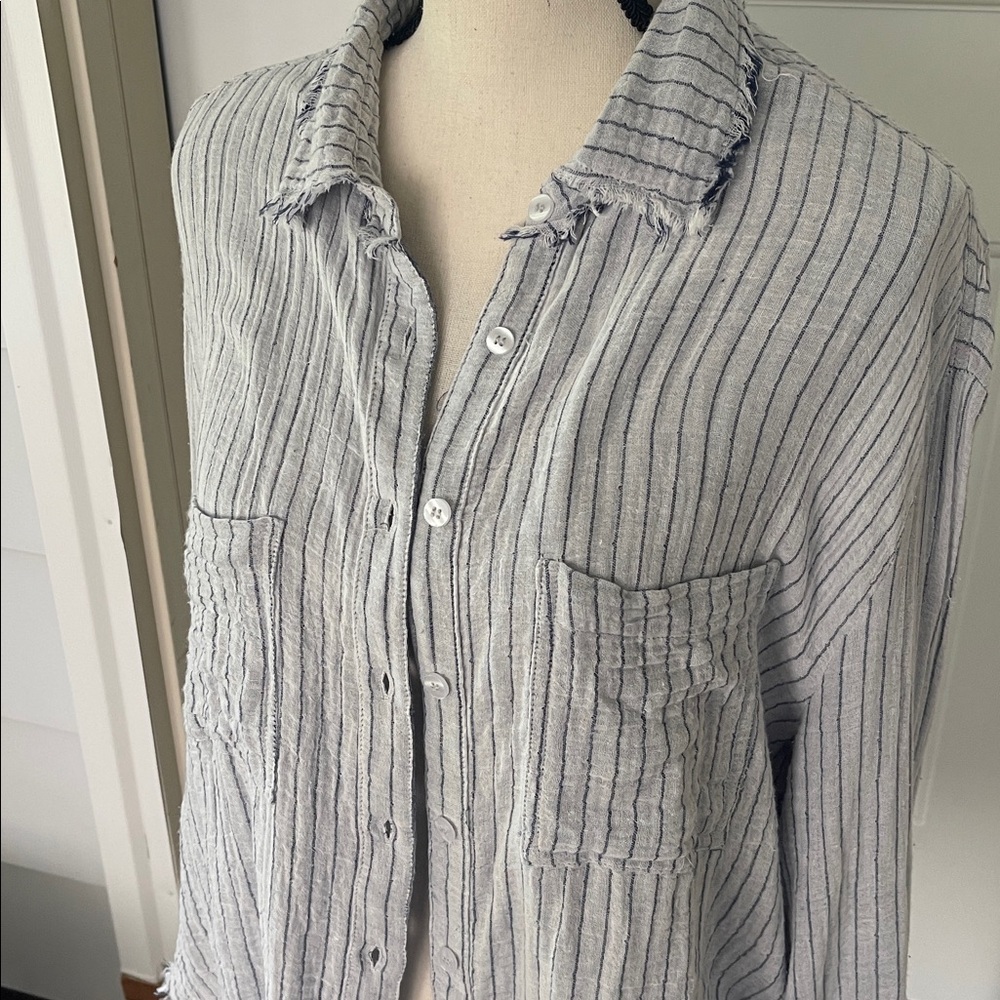 On Blue Soft Striped Button Down  Raw Hem Shirt Size Medium